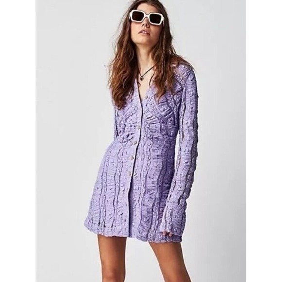 Free People Lavender Fields Mini Dress Long Sleeve Textured Button Front Size XL - Picture 1 of 7